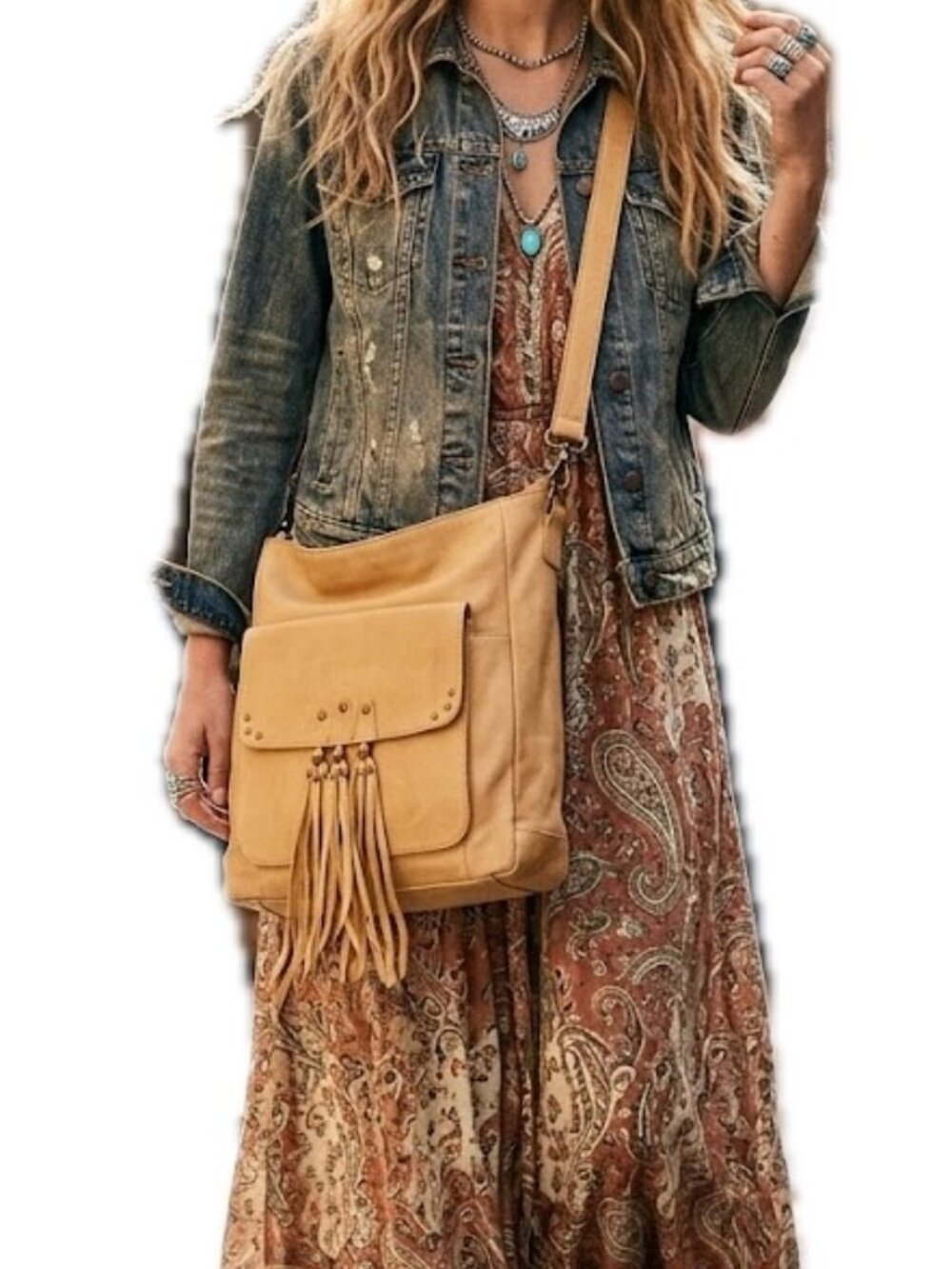 DAY & MOOD Alexis Leather Hobo Bag Fringed Adjustable Crossbody Tote NEW